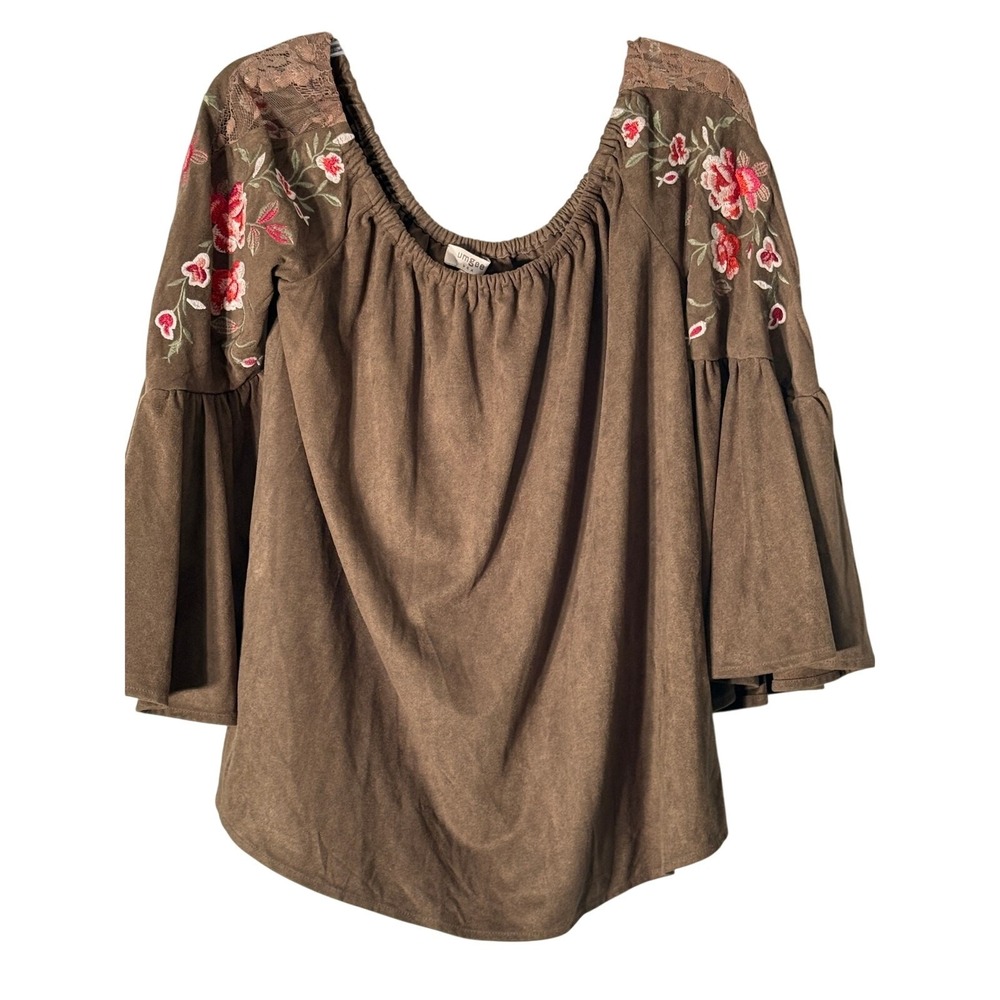 Umgee Brown Faux Suede Floral Embroidered Bell Sleeve Boho Blouse Small Womens